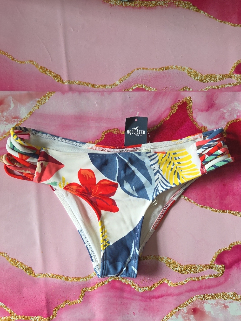 Hollister White Tropical Floral Bikini Bottoms with Red & Blue Accents